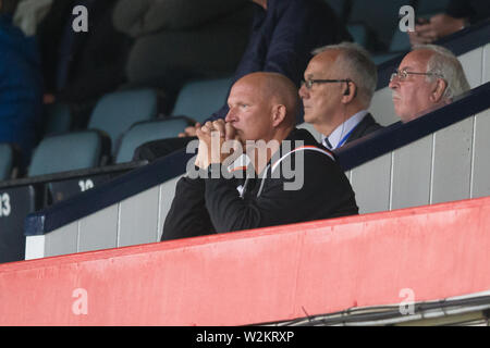 Dens Park, Dundee, Großbritannien. 9. Juli 2019. Vor der Saison Fußball-freundlich, Dundee versus; Blackpool Blackpool Manager Simon Grayson Uhren aus dem Stand der Credit: Aktion plus Sport/Alamy leben Nachrichten Stockfoto