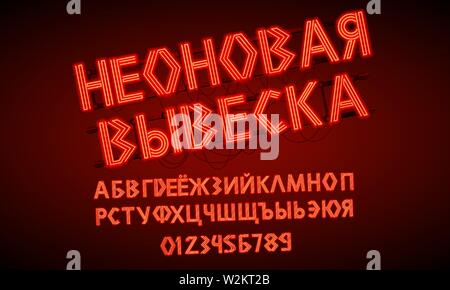 80 s rot Neon retro Font. Futuristische chrom Russische Buchstaben und Zahlen. Helle kyrillischen Schrift auf dunklem Hintergrund. Licht Symbole für die Nacht zeigen Stock Vektor