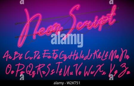 80 s blau blau retro Font. Futuristische Skript, Chrom Buchstaben. Helle Schrift auf dunklem Hintergrund. Licht Symbole für Nacht Show im Club. Galaxy space Stock Vektor