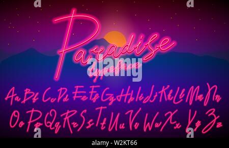 80 s blau lila retro Font. Futuristische Skript, Chrom Buchstaben. Helle Schrift auf dunklem Hintergrund. Licht Symbole für Nacht Show im Club. Galaxy space Stock Vektor