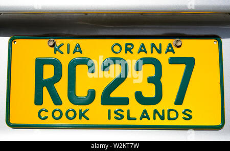 Ein Auto Nummernschild anzeigen Kia Orana auf den Cook Inseln, Polynesien Stockfoto