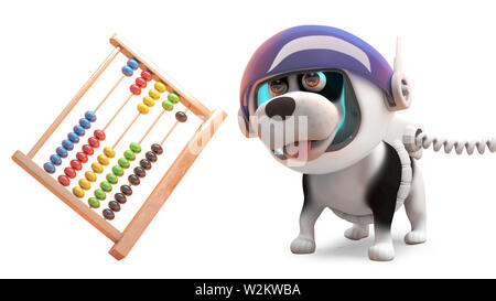 Cartoon raum Welpe Hund auf dem Mars Uhren floating Abacus, 3d-Grafik rendern Stockfoto