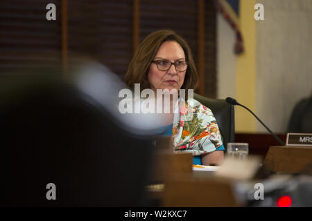 Washington, District of Columbia, USA. 9. Juli 2019. United States Senator Deb Fischer (Republikaner von Nebraska) Hört sich Admiral Craig S. Faller, der United States Southern Command, bezeugen vor dem Unterausschuss für aufkommende Bedrohungen und Fähigkeiten auf dem Capitol Hill in Washington, DC, USA am 9. Juli 2019. Credit: Stefani Reynolds/CNP Credit: Stefani Reynolds/CNP/ZUMA Draht/Alamy leben Nachrichten Stockfoto