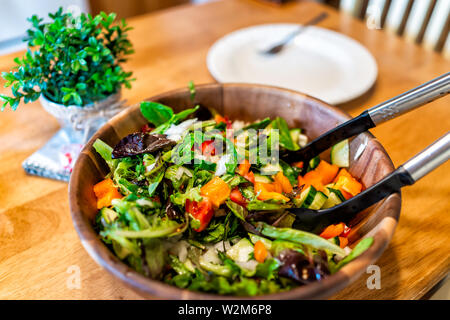 Nahaufnahme von frischen grünen Salat in der Schüssel Platte mit gemischtem Salat, Paprika mit Topfpflanzen im rustikalen Holztisch Stockfoto