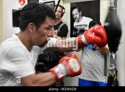 Pro Boxer und Senator Manny "Pacman" Pacquiao Workouts Montag an die Wildcard Gym in Hollywood, CA, 8. Juli 2019. Er wird eine Herausforderung sein, undefeated WBA super welterweight Champion Keith 'Zeit' Thurman'' auf PBC auf FOX Sports PPV gesehen am 20. Juli in MGN Grand Arena in Las Vegas NV. Foto von Gene Blevins/ZumaPress Credit: Gene Blevins/ZUMA Draht/Alamy leben Nachrichten Stockfoto