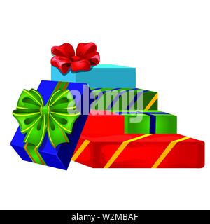 Satz von geschenkboxen mit Schleife, bunt verpackt Papier, auf weißem Hintergrund. Skizze für Grußkarten, festliche Poster, Party Einladung Stock Vektor