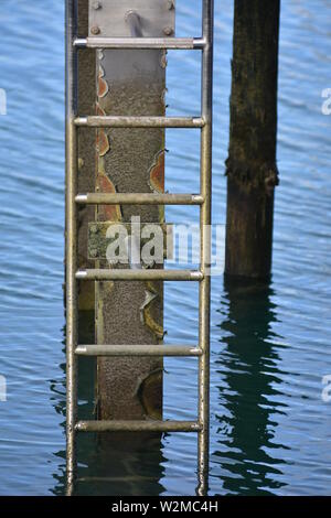 Edelstahl Leiter zum Pier Bein mit einigen Inkrustierende marine Organismen abgedeckt verschraubt. Stockfoto