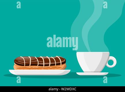 Kaffeetasse und eclair Kuchen Stock Vektor