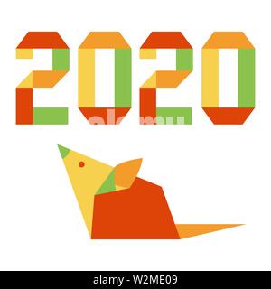 Frohes neues Jahr. Vector Illustration mit Origami 2020 Jahr zahlen und Ratte. Ratte Sternzeichen, Symbol der 2020 auf dem chinesischen Kalender. Jahr der Ratte. Stock Vektor