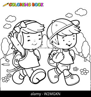 Ein Mädchen und ein Junge, die zur Schule gehen. Schüler gehen zu Fuß zur Schule oder zum Kindergarten. Schwarzweiß-Ausmalseite. Stockfoto