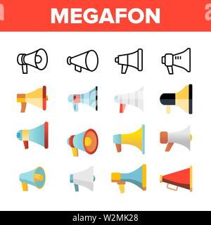 Megafon, Megaphon, Lautsprecher Vector Linear Symbole gesetzt Stock Vektor