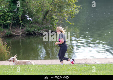 Northampton GROSSBRITANNIEN. 10. Juli 2019. Wetter. Abington Park. Eine Frau und Hund Joggen am frühen Morgen, bevor es viel wärmer wird. Credit: Keith J Smith./Alamy leben Nachrichten Stockfoto