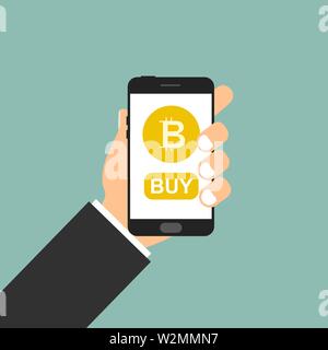Bitcoin Münze in Smartphone in der Hand. Vektor Stock Vektor