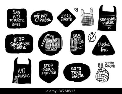Kein Plastik set Sign, hand Inschrift. Schwarze Form label. Konzept Design für umweltfreundliche Produkte Stock Vektor