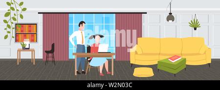 Paar Geschäftsleute mit Laptop am Arbeitsplatz Schreibtisch Geschäftsfrau mit männlichen Assistenten Brainstorming zusammen arbeiten Teamarbeit Konzept moderne Büro Stock Vektor