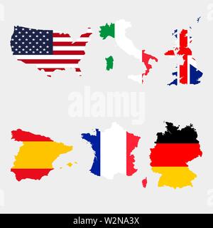 Einstellen der Karte Flaggen Usa, Italien, Vereinigtes Königreich, Spanien, Frankreich, Deutschland Stock Vektor