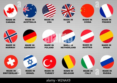 In gemacht. Lable 18 Länder mit Flags gesetzt Stock Vektor