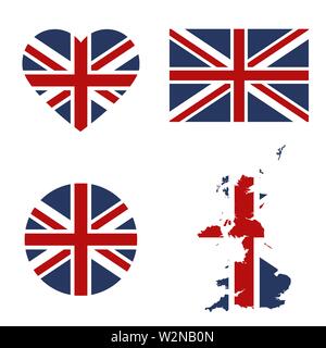 Symbole United Kingdon in verschiedenen Formen von der Flagge Hintergrund eingerahmt Stock Vektor