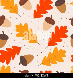 Die nahtlose Vektor Muster der Herbst Symbol Symbole. Farbige Eiche Blätter und Eicheln Stock Vektor