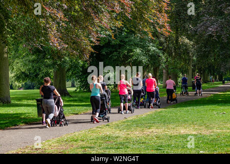 Northampton. Großbritannien 10. Juli 2019. Abington Park. Junge Mütter mit Babys in pushychairs tun Übung fit zu halten, schnell zu Fuß die Allee der Bäume in den Paaren, im Schatten bleiben auf einem warmen sonnigen Morgen, Kredit: Keith J Smith./Alamy leben Nachrichten Stockfoto