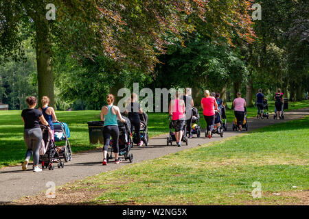 Northampton. Großbritannien 10. Juli 2019. Abington Park. Junge Mütter mit Babys in pushychairs tun Übung fit zu halten, schnell zu Fuß die Allee der Bäume in den Paaren, im Schatten bleiben auf einem warmen sonnigen Morgen, Kredit: Keith J Smith./Alamy leben Nachrichten Stockfoto