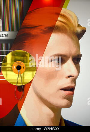 Eine audio-visuelle Anzeige feiern die Musik der berühmten Bromley Sohn den Rockstar und Künstler David Bowie, in den Lichtungen Einkaufszentrum in Bromley. Stockfoto