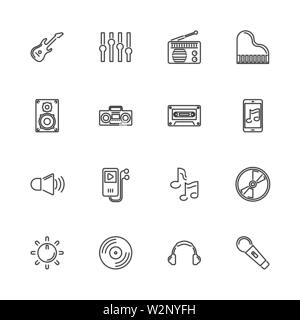 Musik und Sound Umrisse Icons Set - schwarzes Symbol auf weißem Hintergrund. Musik und Sound einfache Illustration Symbol gesäumten Einfachheit unterzeichnen. Flache Vektor Stock Vektor