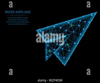 Papierflieger Low-Poly Modell, Flug bis in polygonalen Stil, drahtmodell Vector Illustration aus Punkten und Linien auf schwarzem Hintergrund Stock Vektor