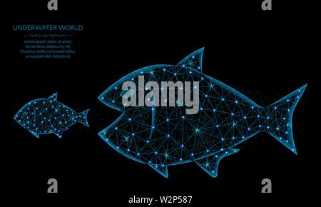 Große Fische kleine Low-Poly Modell, Räuber und Beute in polygonalen Stil essen, Unterwasser Welt Drahtmodell Vector Illustration aus Punkten und Linien auf Stock Vektor