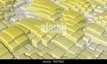 Farbenfrohe, dynamische und glänzende feste Plätze schwimmen in eine wellige Form Hintergrund. 3D-Hintergrund der bunten Quadrate wellig Stockfoto