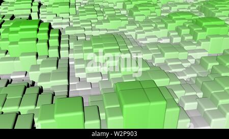 Farbenfrohe, dynamische und glänzende feste Plätze schwimmen in eine wellige Form Hintergrund. 3D-Hintergrund der bunten Quadrate wellig Stockfoto