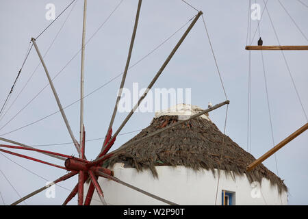 Mykonos, ˈMikonos griechische Insel, Teil der Kykladen, Griechenland. Wahrzeichen Windmühlen in der Hafengegend Kato Mili Stockfoto
