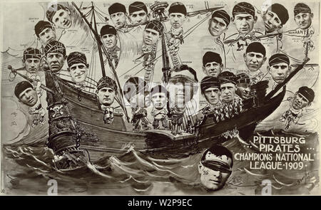 Original Titel: Pittsburg Pirates, Meister der nationalen Liga, 1909/Rudolph' 09. Original Beschreibung: Composite Foto und Zeichnung mit den Leitern der Pittsburg Piraten Baseball Team Mitglieder als Piraten auf einem Piratenschiff angeordnet; jeder Spieler/Piraten wird durch Name und Position identifiziert gespielt. Piraten im Bild: (nach rechts, von oben nach unten) Shelton, Links en: Vic Willis, en: Chief Wilson, en: Bobby Byrne, en: Babe Adams, en: Gene Moore, en: Honus Wagner, en: Bill Abstein, en: Ed Abbaticchio, en: George Gibson, en: Mike Simon, en: Chick Brandon, en: Fred Clarke, en: Lefty Leifield, en: Diakon Phillippe, en: Bill Powell Stockfoto