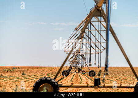 Brownfield, Texas Landschaft, industriellen Bereich mit Wasser oder Dünger Chemikalien Feldspritze auf trockenem Land Stockfoto