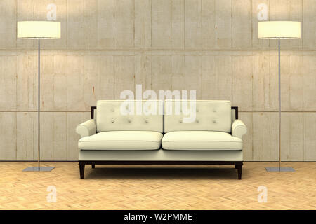 3D-Rendering von einer leeren Wand auf ein modernes Apartment mit einem Sofa Stockfoto