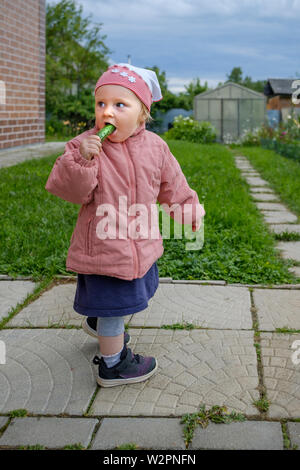 Kleine blonde Mädchen in einem rosa Jacke steht im Freien isst eine Gurke. Happy Baby essen natürliches und gesundes Essen. Stockfoto