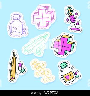 Satz von Medizin, Aufkleber, Pins, Patches und handschriftliche Sammlung im Comic-stil. Lustige Grüße für Kleidung, Karte, Abzeichen, Icon, Postkarte, Banner, Stock Vektor