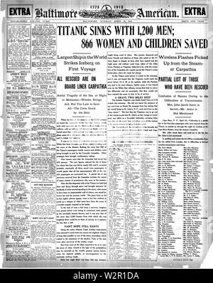 Baltimore American, April 16, 1912, Vorderseite Stockfoto