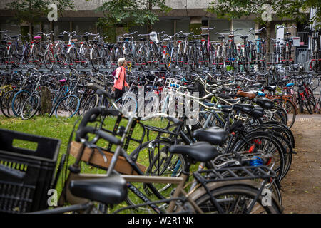 Utrecht, Niederlande, Fahrrad Verkehr im Zentrum der Stadt, in der 60 % der Utrecht Bürger Reisen mit dem Fahrrad in die Stadt, 2-stöckiges Fahrrad parken am Moree Stockfoto
