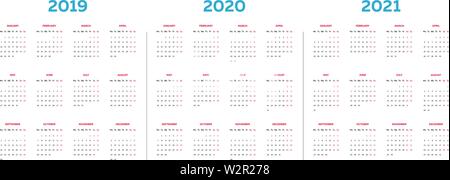 Die 2019 2020 2021 Vorlage Kalender mit klassischen monatlichen Spalten Stock Vektor