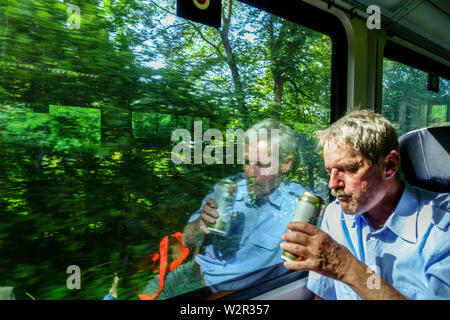 Zugfenster, Ein Passagier im Zug trinkt Bier aus einer Dose, Regionalzug Deutschland Europa Deutscher Touristenzug Sächsische Schweiz Zug Natur Stockfoto