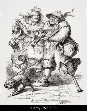 Bettler spielen Geige und seine Frau begleitet ihn mit Knochen. Kopie eines alten Gravur des siebzehnten Jahrhunderts. Stockfoto