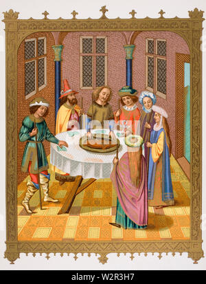 Das Pessach des Juden. Faksimile einer Miniatur aus einem Missale aus dem 15. Jahrhundert, verziert mit Gemälden der Schule von Ven Eyck. Stockfoto