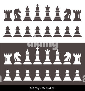 Schachfiguren Stücke im flachen Stil Vector Illustration. Schwarz Chess Icons einstellen. Schach Schwarze und Weiße Figuren König, Königin, Bischof, der Ritter, Turm, Bauer. Stockfoto