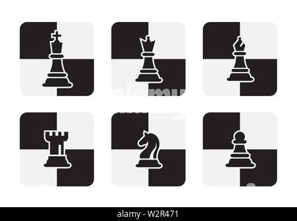 Schachfiguren Symbole isoliert auf weißem Hintergrund. Schachbrett Vector Illustration. Figur von König, Königin, Bischof, der Ritter, Turm, Bauer. Stockfoto