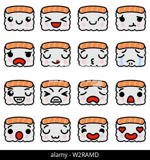 Eingestellt von sushi Emoji Icons mit unterschiedlichen Emotionen Vector Illustration Stock Vektor