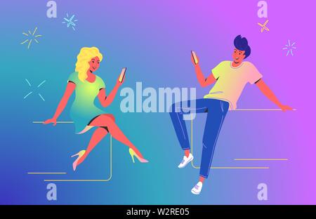 Paar mit einem neuen mobile App Konzept Vector Illustration. Junger Mann und Frau sassen und am Bildschirm des Smartphones für die Verfolgung von Nachrichten, Social medi Stock Vektor