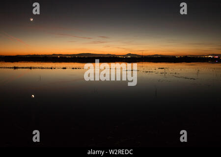 Nacht Landschaft im Albufera Lagune, die mit dem Mond und seiner Reflexion über Wasser im Naturpark Albufera, Valencia, Spanien Stockfoto