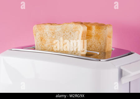 Getoastetes Toast Brot im Toaster weiß auf rosa Hintergrund Stockfoto