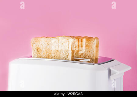 Getoastetes Toast Brot im Toaster weiß auf rosa Hintergrund Stockfoto